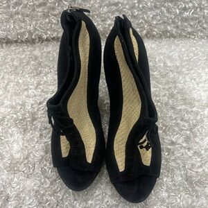 Fendi Black/Beige Suede and Raffia Wedge Peep Toe Booties Size 38